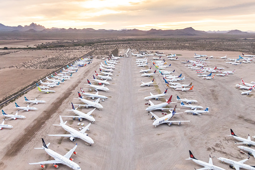 Hundreds of Airliners Stored in the Arizona desert due to Covid-19 Pandemic, March 29,2021 Marana, Pima County Arizona, USA.