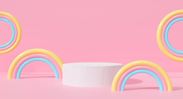 istock Abstract white podium on pink pastel background cute rainbow cartoon kid. Creative ideas minimal. Realistic 3d render for pedestal winner, banner, stage, display product mockup design. 1311029346