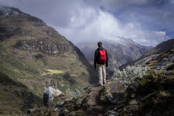 Trail to Laguna 69. A person standing posing. There are small bushes around it and huge mountains behind with snowy peaks and clouds. Peru, white mountain range. Latin America