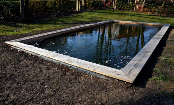 istock newly built rectangular swimming pool for fish farming. the pool has an air supply for oxygenation. the edge of the pond is lined with wooden planks. in water level the surrounding garden is reflected 1311035290