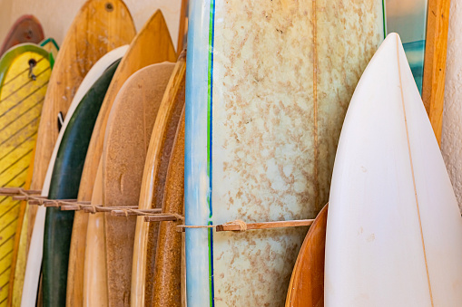 Row of retro vintage surfboards lined up in a local surf shop