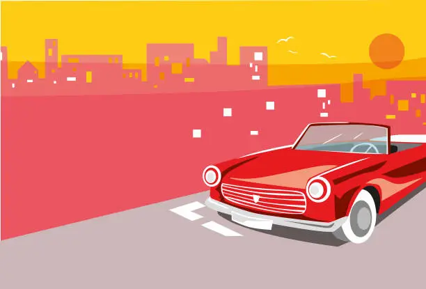 Vector illustration of Red convertible car with city in background