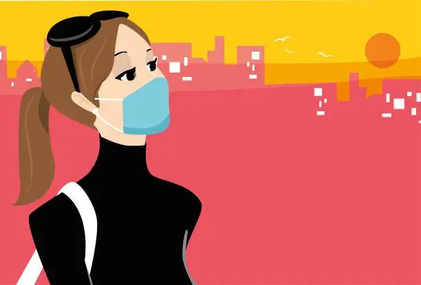 Vector illustration of Beautiful girl with turtleneck sweater and covid 19 maskand background city