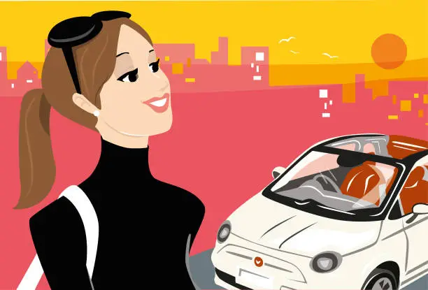 Vector illustration of Beautiful girl in turtleneck looks at a small car