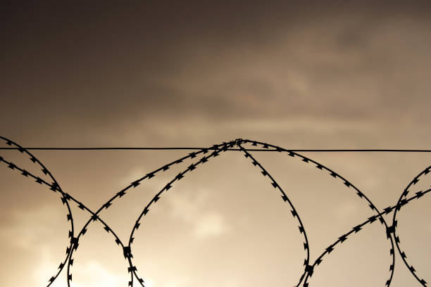 silhouette de fil barbelé rouillé contre le ciel dramatique avec des nuages foncés - winter wire barbed wire protection photos et images de collection