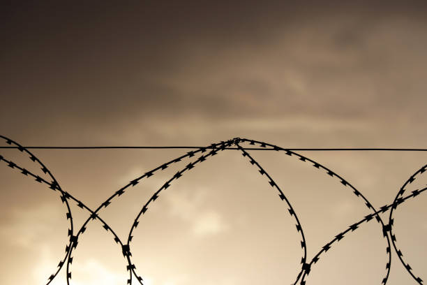 istock Silhouette of rusty barbed wire against the dramatic sky with dark clouds 1311041182