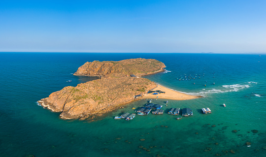 Drone view of a rock island named Hon Kho on Nhon Hai beach, Quy Nhon city, Binh Dinh province, central Vietnam