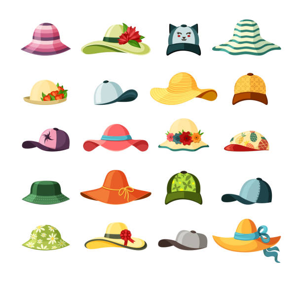 ilustraciones, imágenes clip art, dibujos animados e iconos de stock de sombreros anchos rebosantes y gorras puestas. elegante béisbol con visera larga vestido rojo brillante azul cinta verde elegancia accesorio con ramo de flores exuberantes a rayas de paja amarilla. moda vectorial. - hat