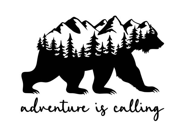 Bear silhouette with landscape mountains and trees. Vector illustration with quote: Adventure is calling. Travel poster. Wildlife and nature symbol.