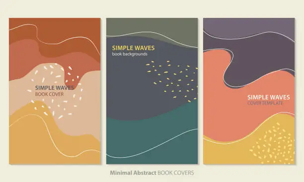 Vector illustration of Minimal abstract backgrounds with simple waves shapes colored in orange, beige, yellow, purple, green and blue tones.