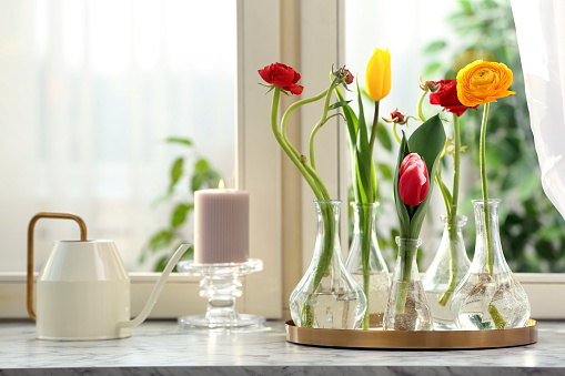 Different beautiful spring flowers in glassware, watering can and candle on window sill