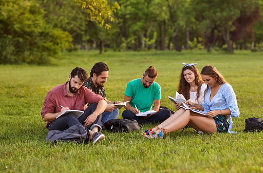 Group of young college students with books and notebooks studying together in park. Friends doing homework on green grass outdoors