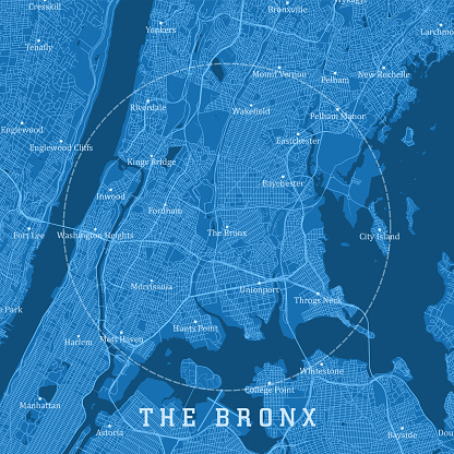 The Bronx NY City Vector Road Map Blue Text. All source data is in the public domain. U.S. Census Bureau Census Tiger. Used Layers: areawater, linearwater, roads.