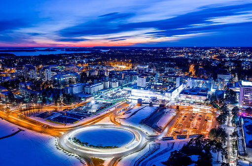 Aerial view of Tapiola neighborhood of Espoo, Finland. Modern nordic architecture. Winter cityscape.