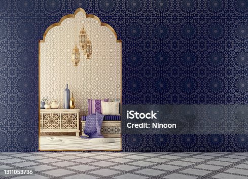 istock Arabic,Islamic style interior design with arch and arabic pattern.3d rendering 1311053736