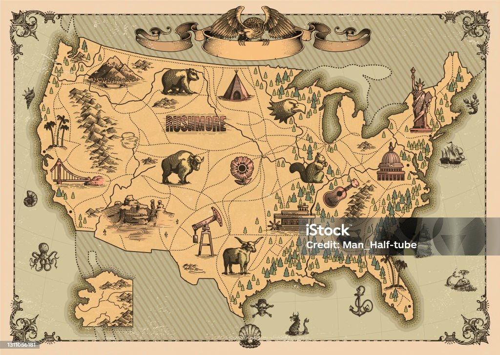 미국의 빈티지 지도 - 로열티 프리 지도 벡터 아트