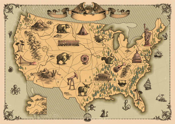 vintage mapa stanów zjednoczonych - mapy vintage stock illustrations