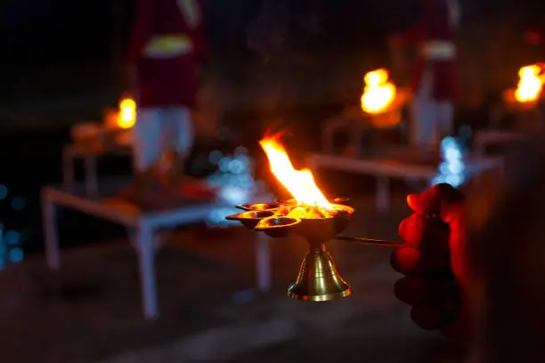 Arati fire during the ceremony in Rishikesh, India