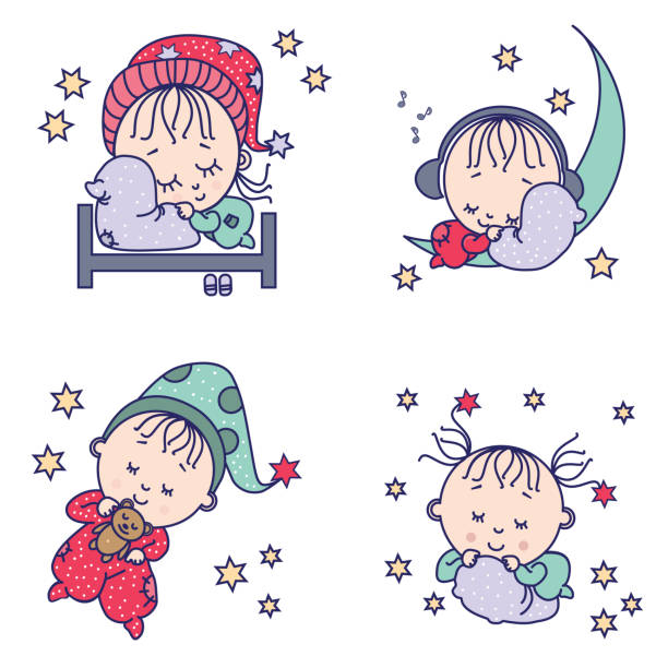 ilustrações de stock, clip art, desenhos animados e ícones de sweet dream collection. cute sleeping babies on a pillow, bed, with a teddy bear and on the moon. vector illustration. cute baby collection - baby icons audio