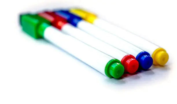 Photo of Multicolored markers for notes for study or work isolated items on white background back to school