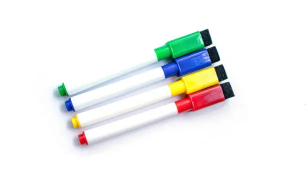 Photo of Multicolored markers with eraser isolated items on white background