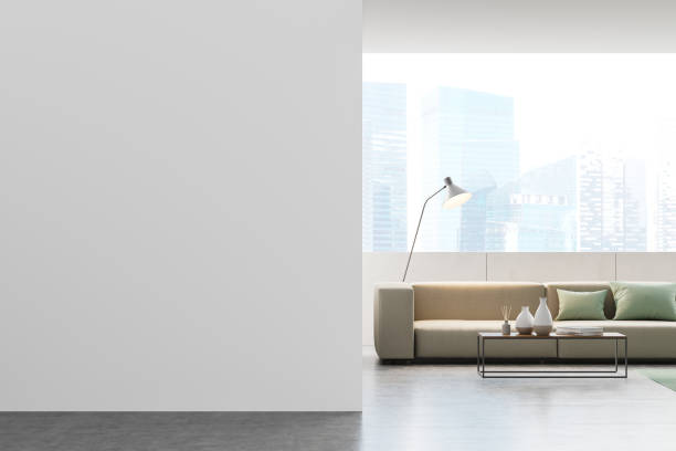 istock Modern living room interior with empty wall and Singapore view 1311063174