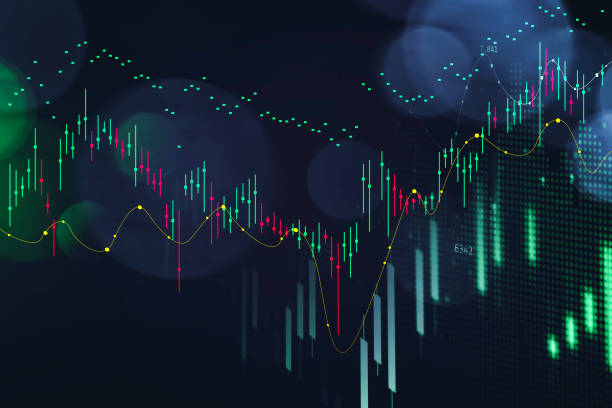 istock Forex candlestick chart. Financial data graph on LED display. Concept of forecasting and stock market analysis. 3d rendering. Blurry drops. 1311063886