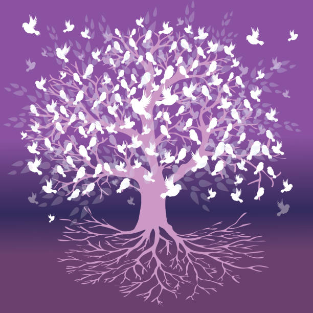 ilustraciones, imágenes clip art, dibujos animados e iconos de stock de árbol de la vida versión de pájaro púrpura - yggdrasil