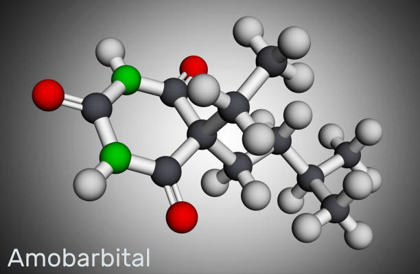 istock Amobarbital, amylobarbitone, sodium amytal drug molecule. It is barbiturate derivative with hypnotic and sedative properties. Molecular model. 3D rendering 1311064502