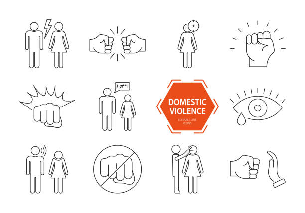 Domestic violence icons set. Domestic abuse line icons. Set of family violence and discrimination woman. Vector illustration. Editable stroke Domestic violence icons set. Domestic abuse line icons. Set of family violence and discrimination woman. Vector illustration. Editable stroke. abhor stock illustrations