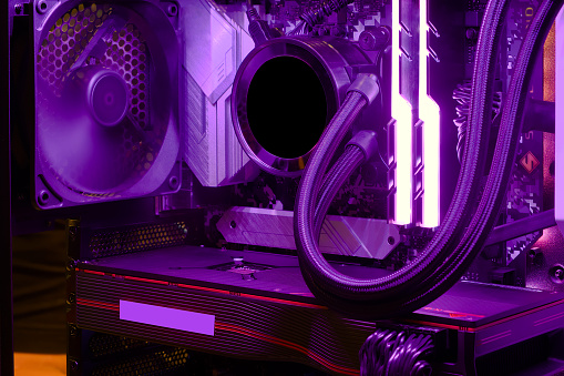Close-up and inside high performance Desktop and cooling system on CPU socket with LED RGB light show status on working, interior on Computer PC Case and DIY, technology background