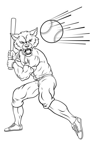 волк бейсболист талисман размахивая летучая мышь на балу - characters sport animal baseballs stock illustrations