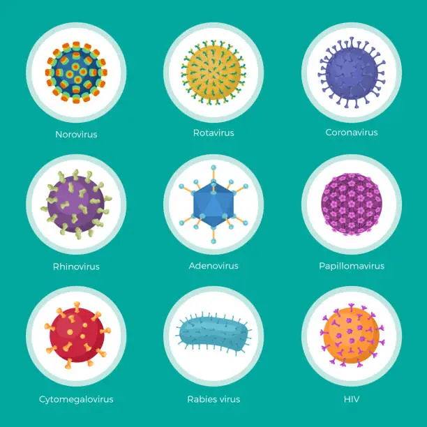 Vector illustration of Viruses collection. Bacterium lab viruses stamm clinic medical symbols microorganism sick recent vector illustrations collection