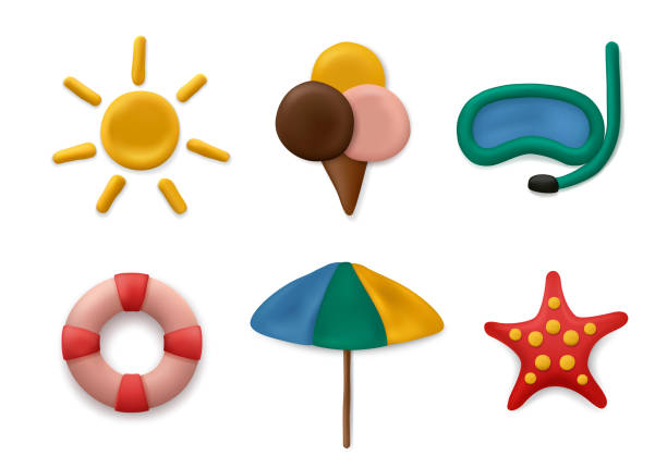 Plasticine modeling summer objects. Clay artwork sea or marine sun objects fishes palm tree kids sculpt education decent vector realistic collection Plasticine modeling summer objects. Clay artwork sea or marine sun fishes palm tree kids sculpt education vector realistic collection. Starfish and ice cream sculpting, vacation sculpture plasticine clay sculpture stock illustrations