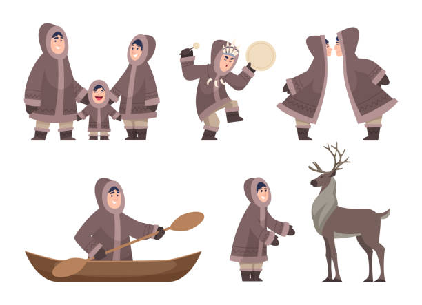 Inuit characters. Traditional ethnic authentic characters cold alaska family exact vector cartoon happy people isolated Inuit characters. Traditional ethnic authentic characters cold alaska family exact vector cartoon happy people isolated. Illustration character Inuit, ethnic traditional people chukchi stock illustrations