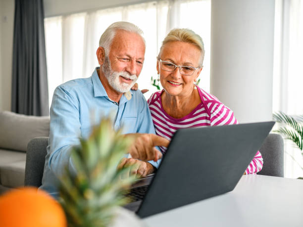 istock Senior couple using laptop at home. 1311070951