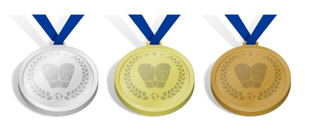 satz von sportmedaillen mit emblem von sportboxhandschuhen mit lorbeerkranz für den wettkampf. gold, silber und bronze auszeichnung mit blauem band. 3d-vektor - bronze medal boxing glove medal gold medal stock-grafiken, -clipart, -cartoons und -symbole