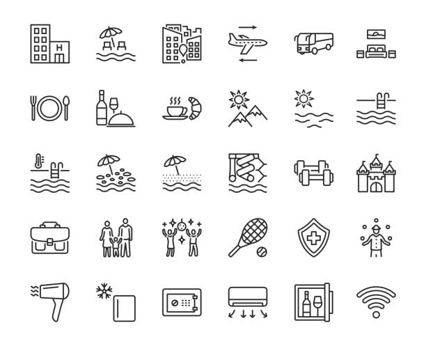 reisebüro flat line icon set. vektor-illustration tourismus-service-symbole enthalten, flug, transfer, essen, versicherung. bearbeitbare striche - schwimmbecken stock-grafiken, -clipart, -cartoons und -symbole