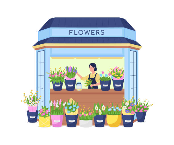 флорист в цветочном киоске плоский цвет вектор подробный характер - florist stock illustrations