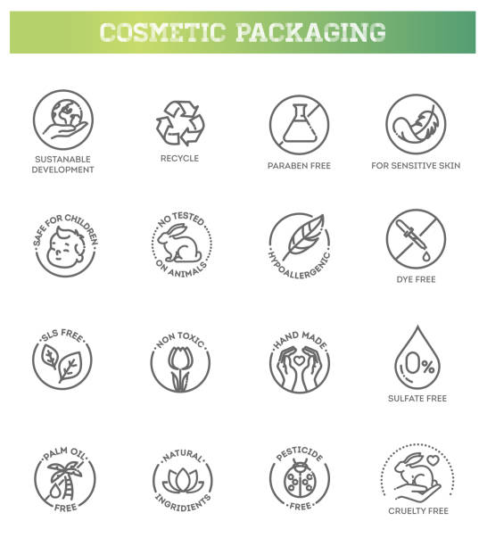 Natural organic cosmetics, vegan food symbols. Thin signs for packaging Collection of linear symbols or badges for natural eco friendly handmade products, organic cosmetics, vegan and vegetarian food isolated on white background animal welfare stock illustrations