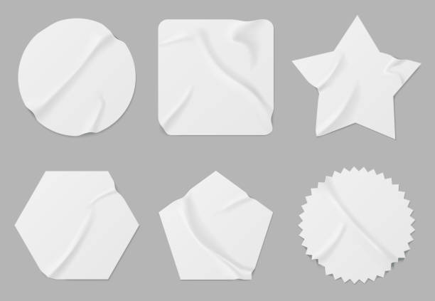 White stickers or patches mockup, blank labels White stickers or patches mockup. Blank shrunken labels of different shapes round, square, star, pentahedron and hexahedron or notched circle wrinkled paper emblems, Realistic 3d vector icons set blank sticker stock illustrations