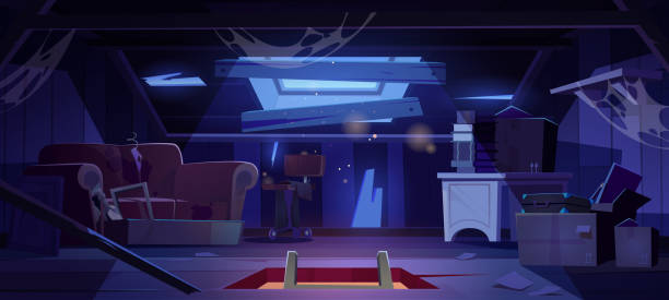 Old attic in abandoned house at night empty garret Old attic in abandoned house at night. Empty garret room interior with broken roof, walls and beams, clutter and spiderweb. Messy mansard with hatch in floor and moonlight, cartoon vector illustration interior of old house garret stock illustrations