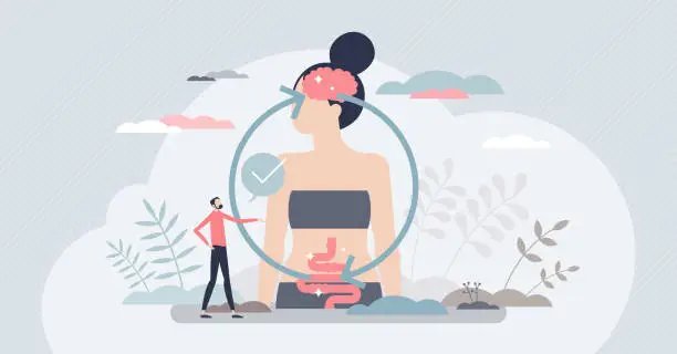 Vector illustration of Gut brain connection and mental body digestive regulation tiny person concept