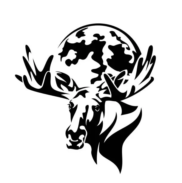 Vector illustration of moose head front view and full moon vector black and white outline