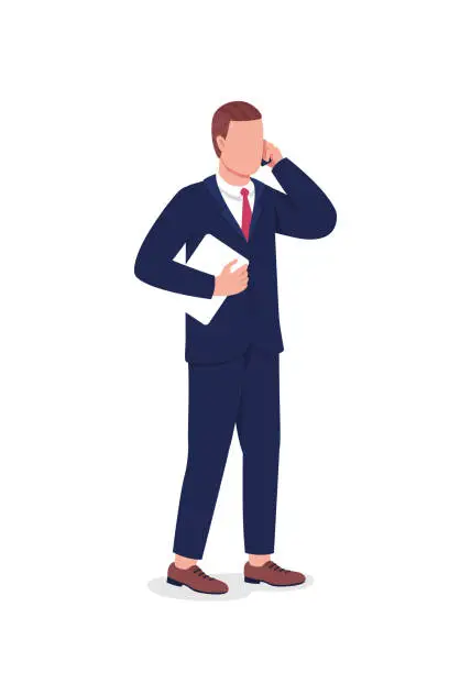 Vector illustration of Businessman on phone call flat color vector faceless character