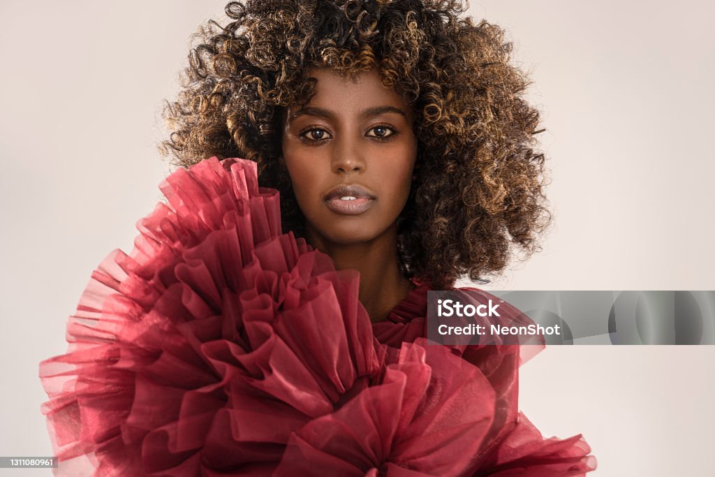 Beauty portrait of afro woman . Girl looking at camera. Beauty portrait of afro woman . Girl looking at camera. Elegant style. Curly hair. Brown eyes. Glamour makeup. Closeup photo. Fashion Stock Photo