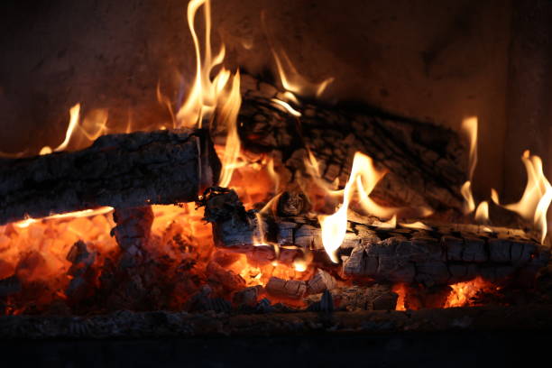 Close up of a burning fireplace at home stock photo