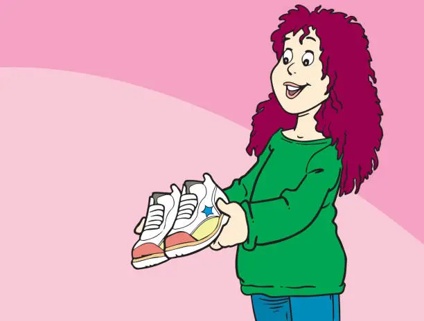 Vector illustration of Young girl looks at her new shoes.