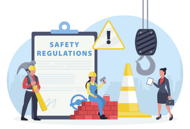 вектор инспектора osha, посещая строительную площадку для обеспечения безопасности труда и здоровья работников - job safety stock illustrations
