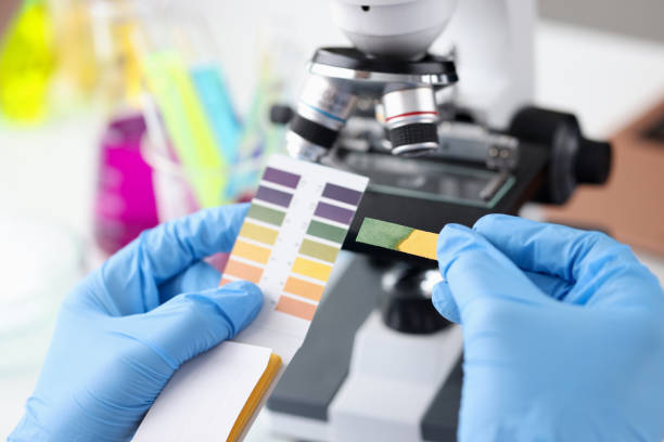 과학자 화학자는 그의 손 클로즈업에 ph 테스트를 들고 - indicator paper 뉴스 사진 이미지